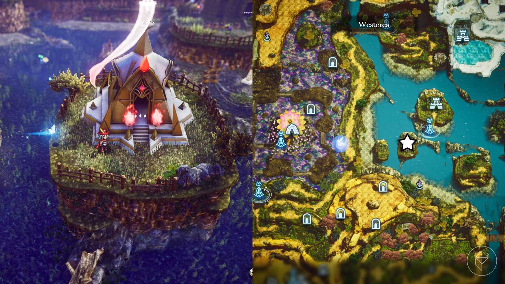 A montage of two The Adventures of Elliot screenshots showing the location of a shard of life in the Age of Budding 
