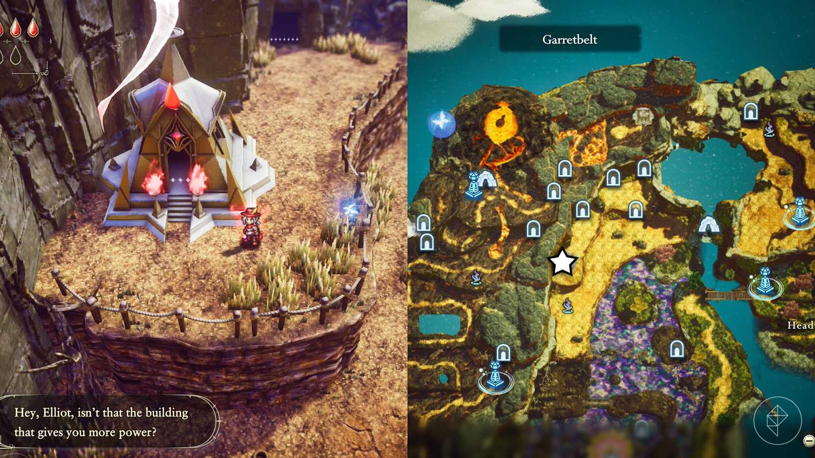 A montage of two The Adventures of Elliot screenshots showing the location of a shard of life in the Age of Budding 