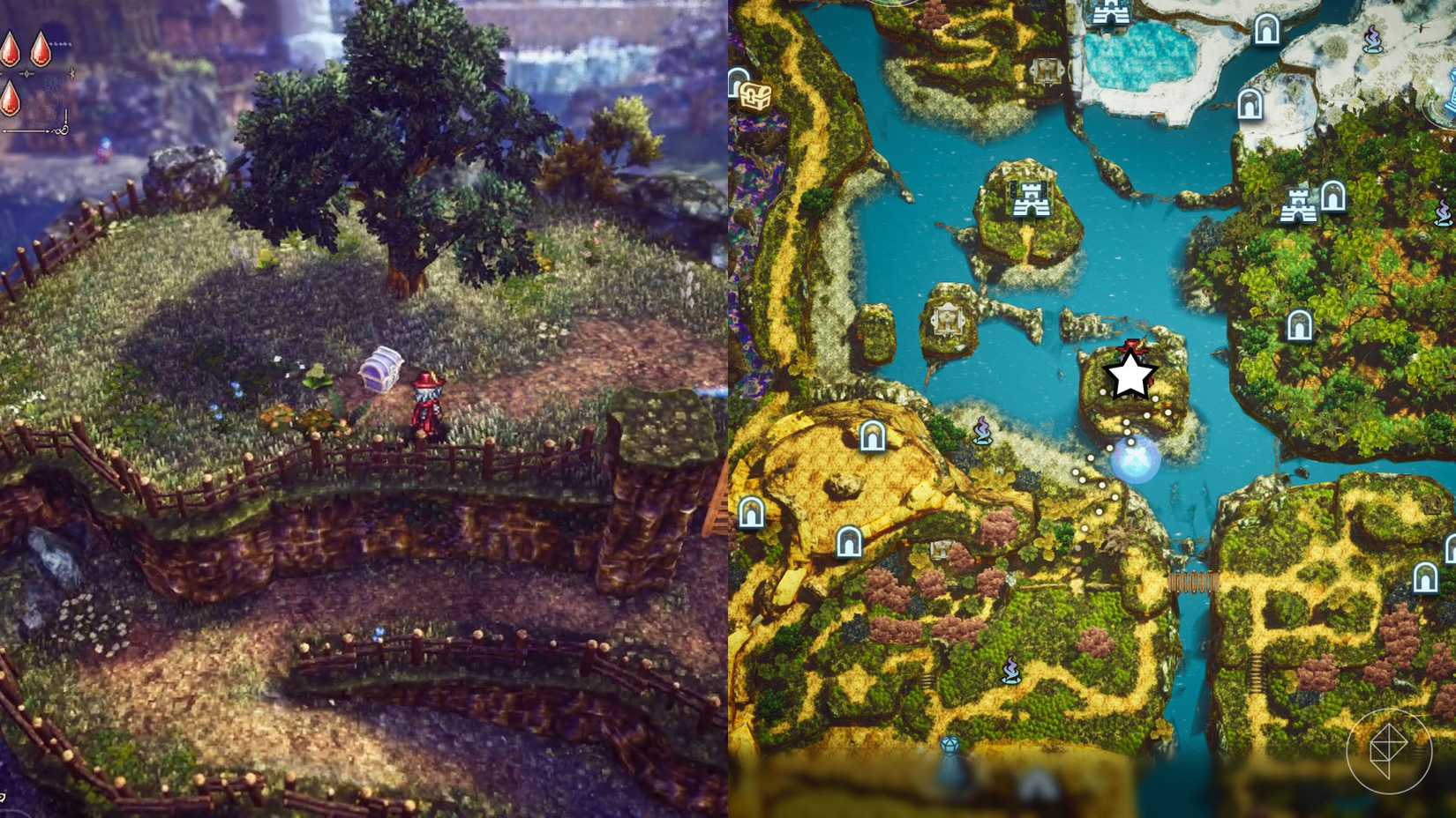 A montage of two The Adventures of Elliot screenshots showing the location of a shard of life in the Age of Budding 