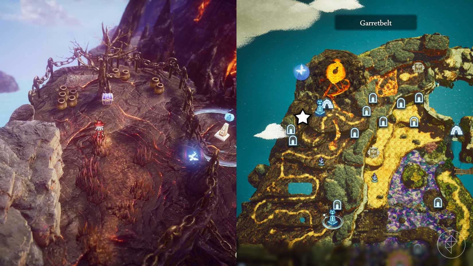A montage of two The Adventures of Elliot screenshots showing the location of a shard of life in the Age of Budding 
