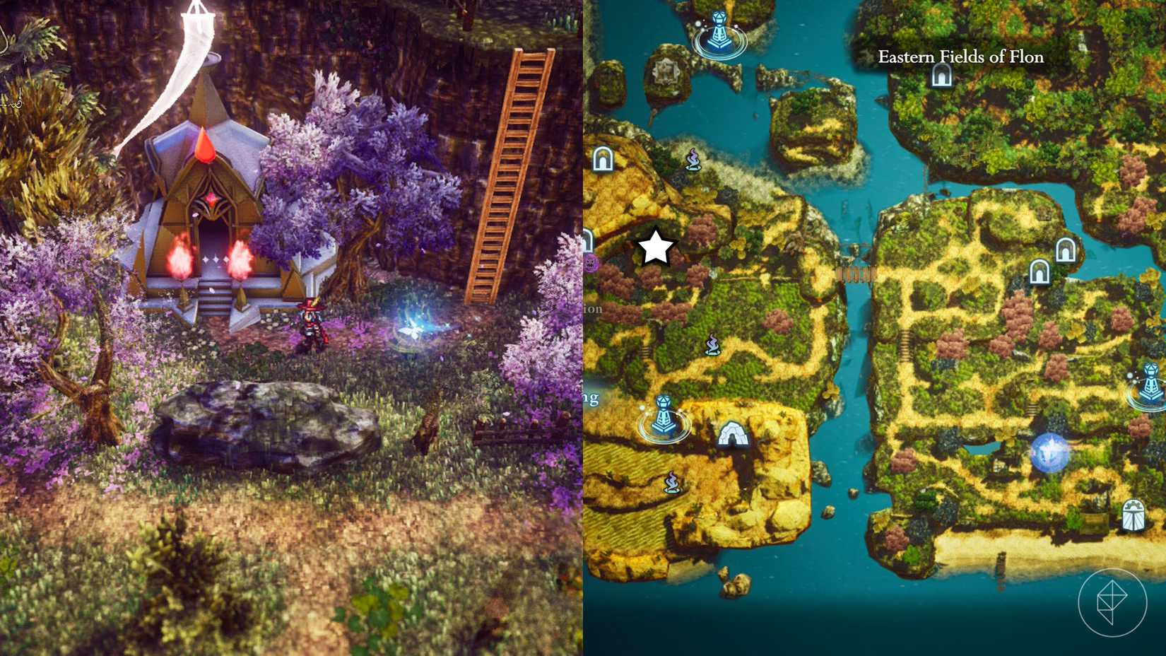 A montage of two The Adventures of Elliot screenshots showing the location of a shard of life in the Age of Budding 