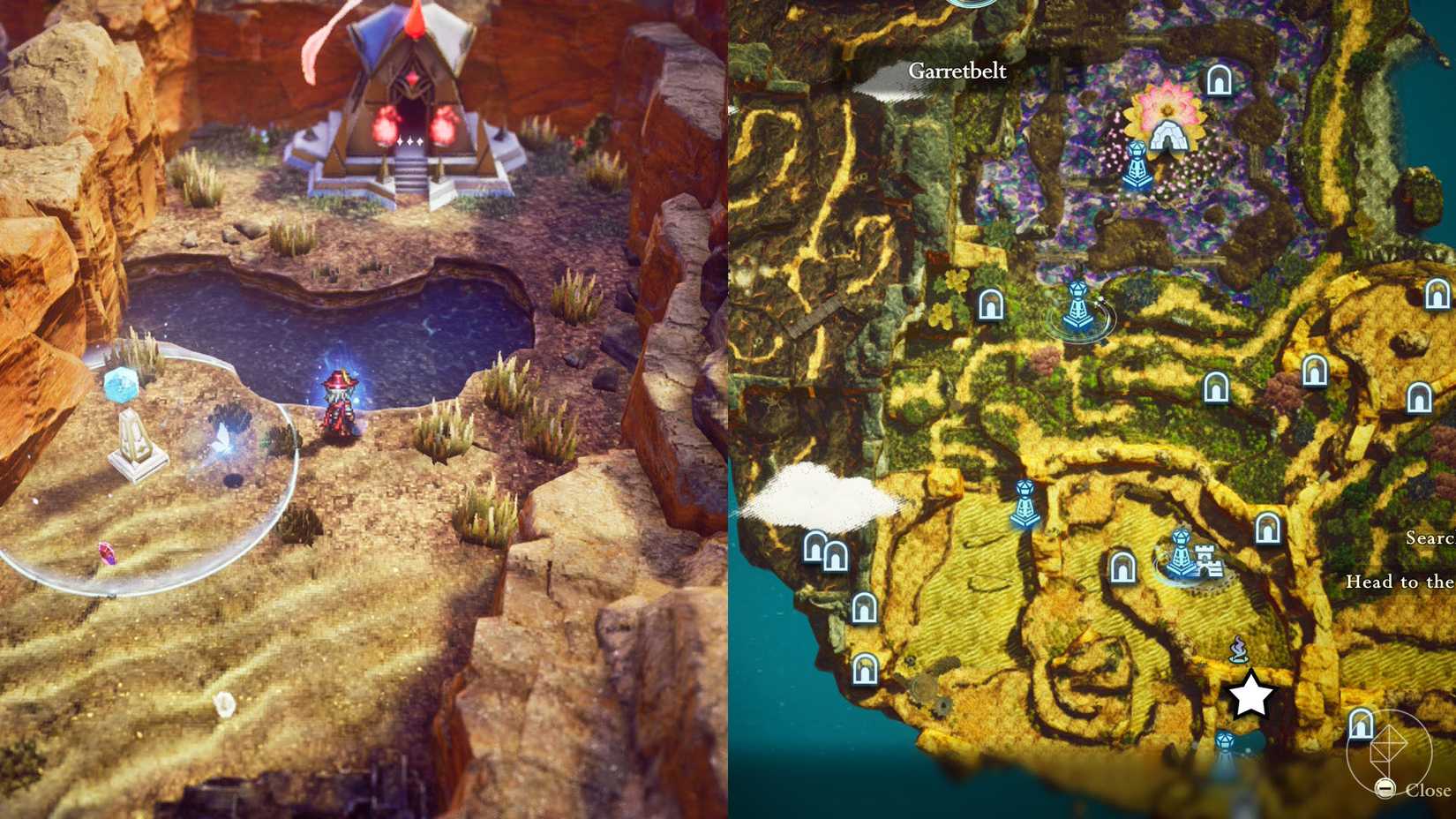 A montage of two The Adventures of Elliot screenshots showing the location of a shard of life in the Age of Budding 