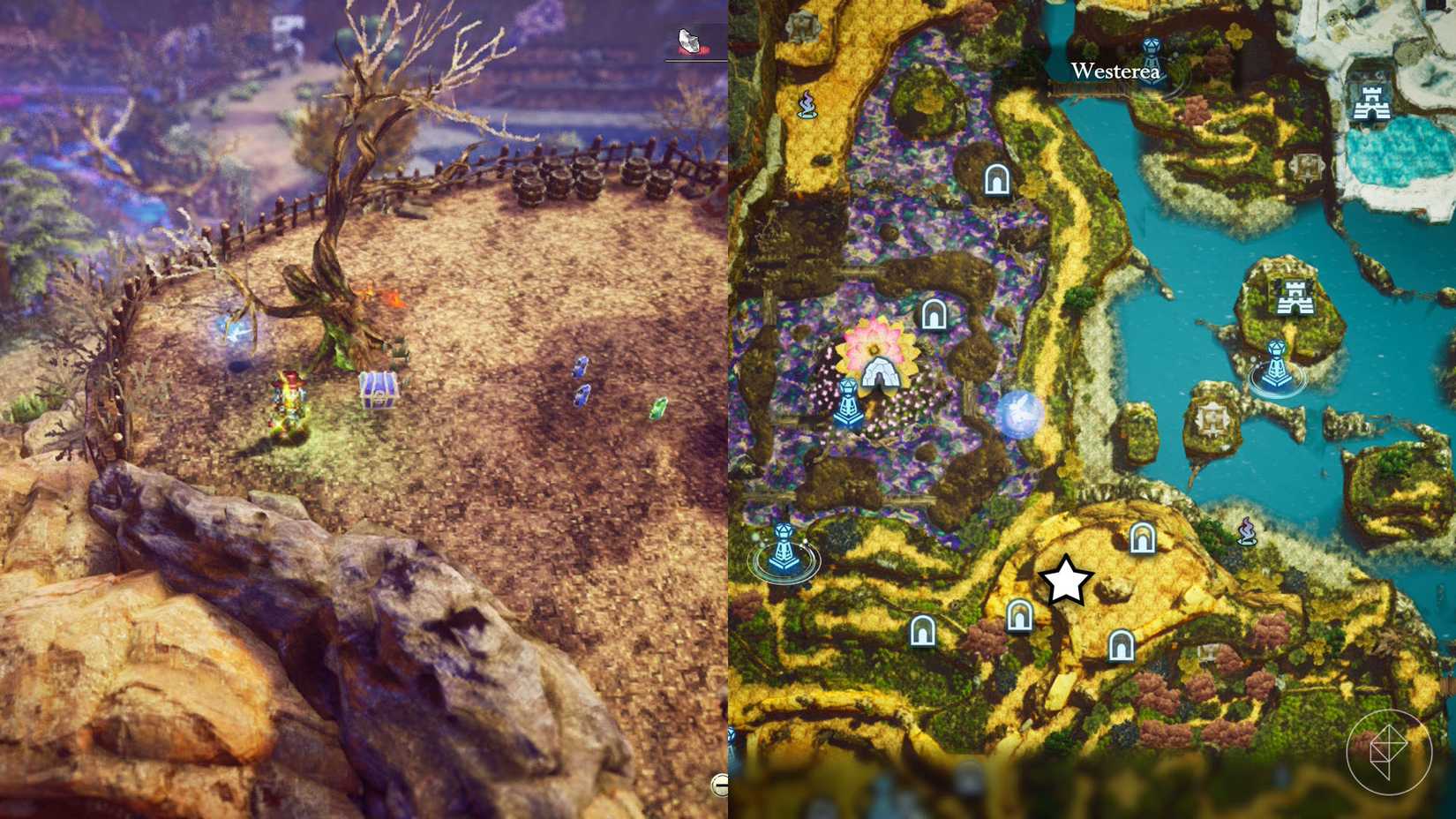 A montage of two The Adventures of Elliot screenshots showing the location of a shard of life in the Age of Budding 