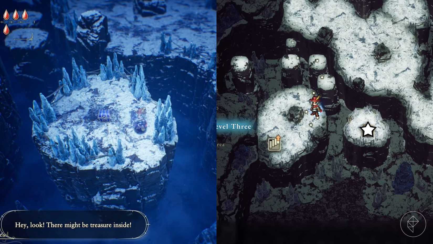 A montage of two The Adventures of Elliot screenshots showing the location of a shard of life in the Age of Budding 