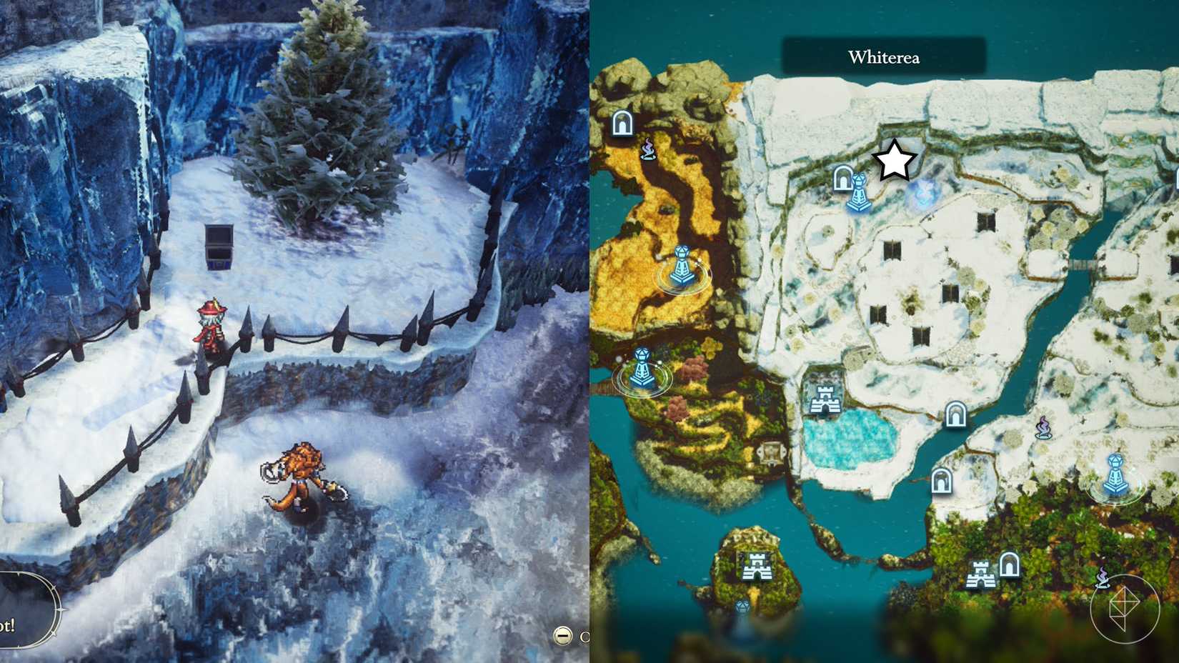 A montage of two The Adventures of Elliot screenshots showing the location of a shard of life in the Age of Budding 