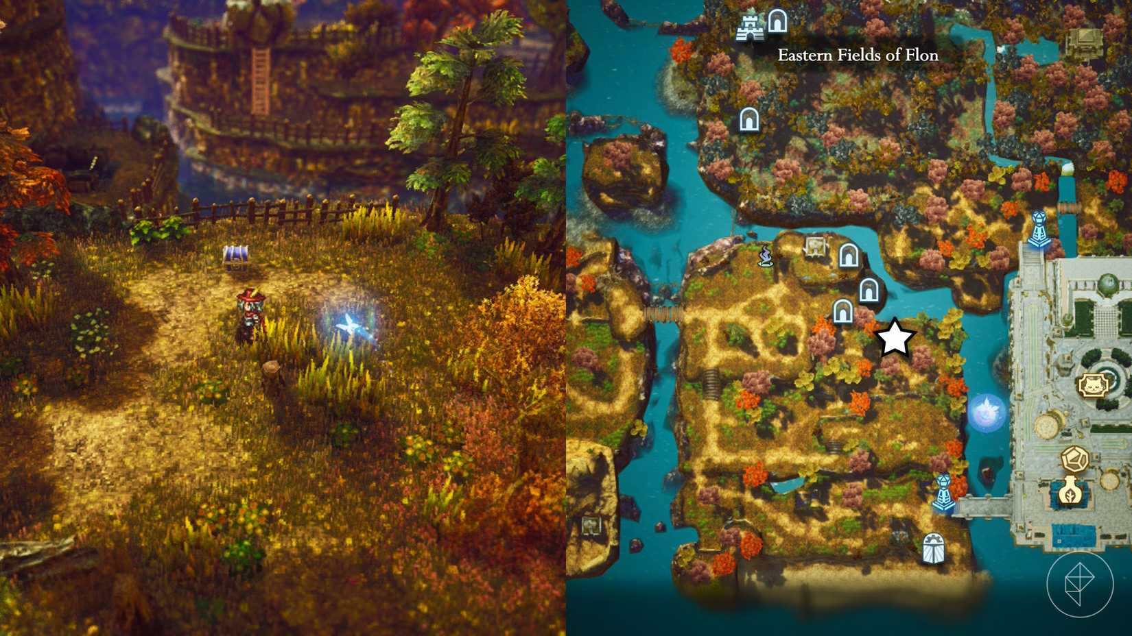 A montage of two The Adventures of Elliot screenshots showing the location of a shard of life in the Age of Magic 