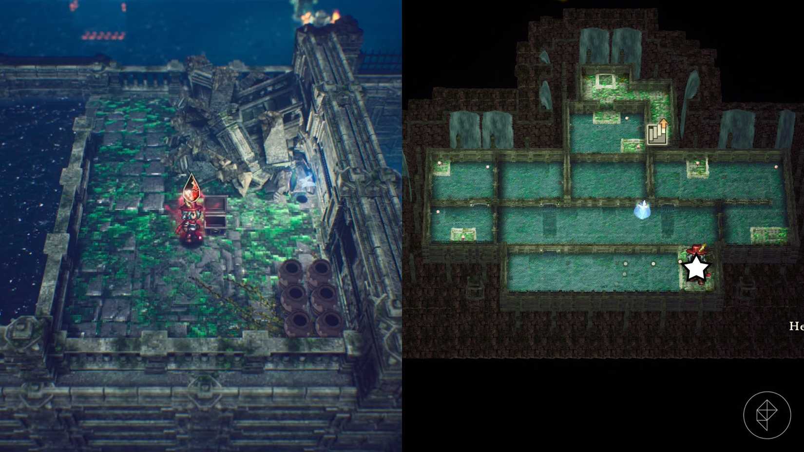 A montage of two The Adventures of Elliot screenshots showing the location of a shard of life in the Age of Magic