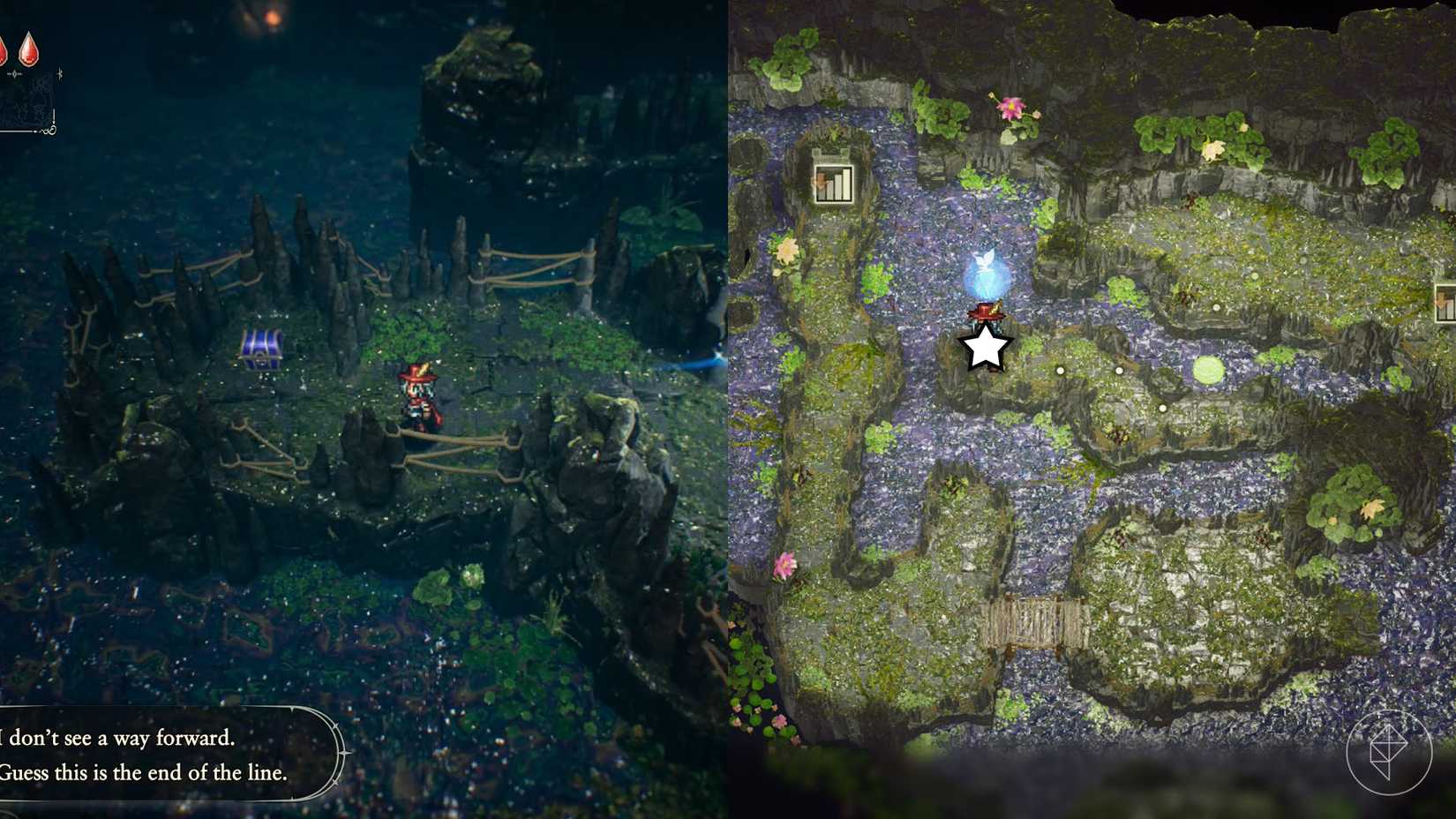 A montage of two The Adventures of Elliot screenshots showing the location of a shard of life in the Age of Magic