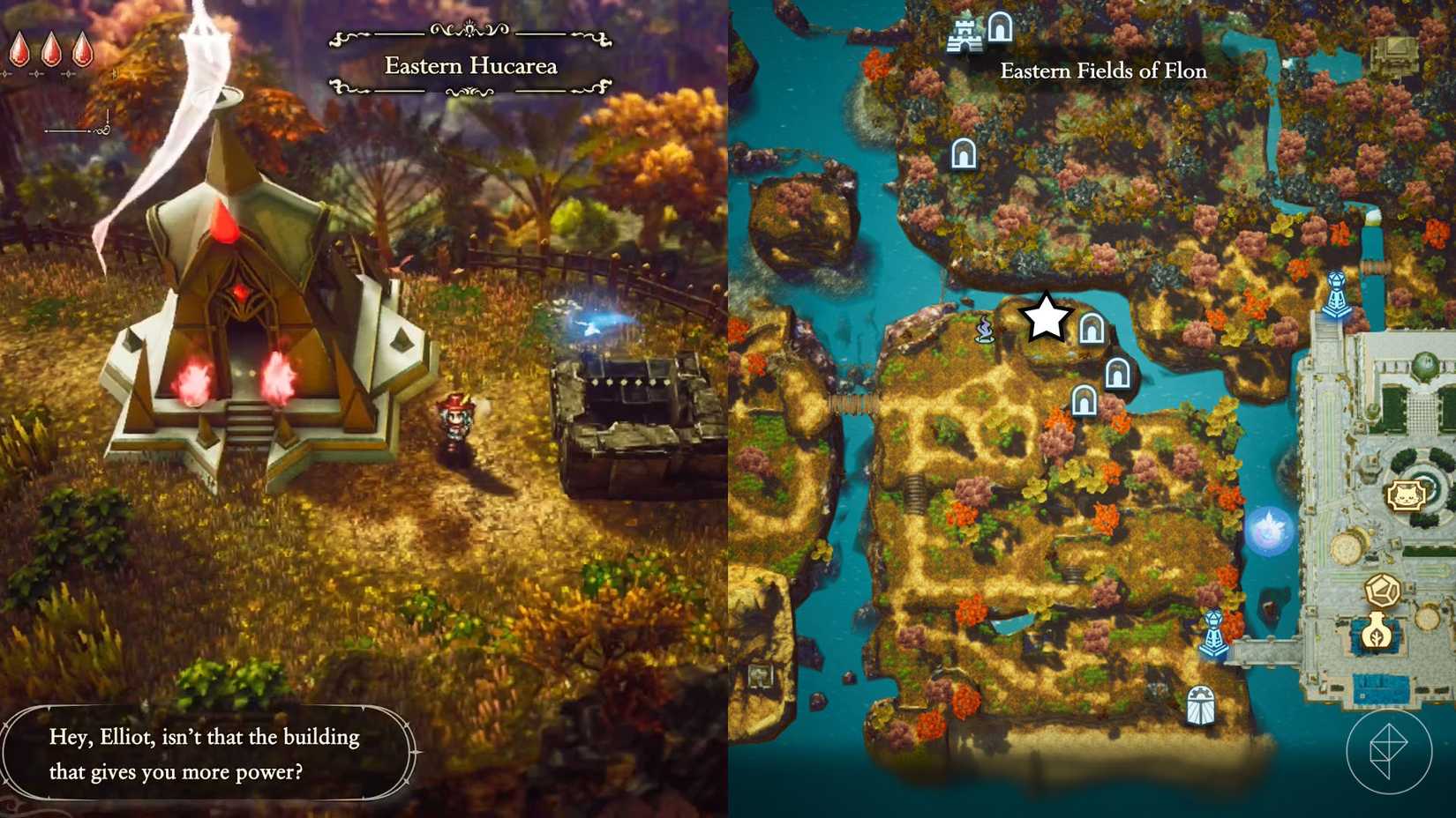 A montage of two The Adventures of Elliot screenshots showing the location of a shard of life in the Age of Magic 