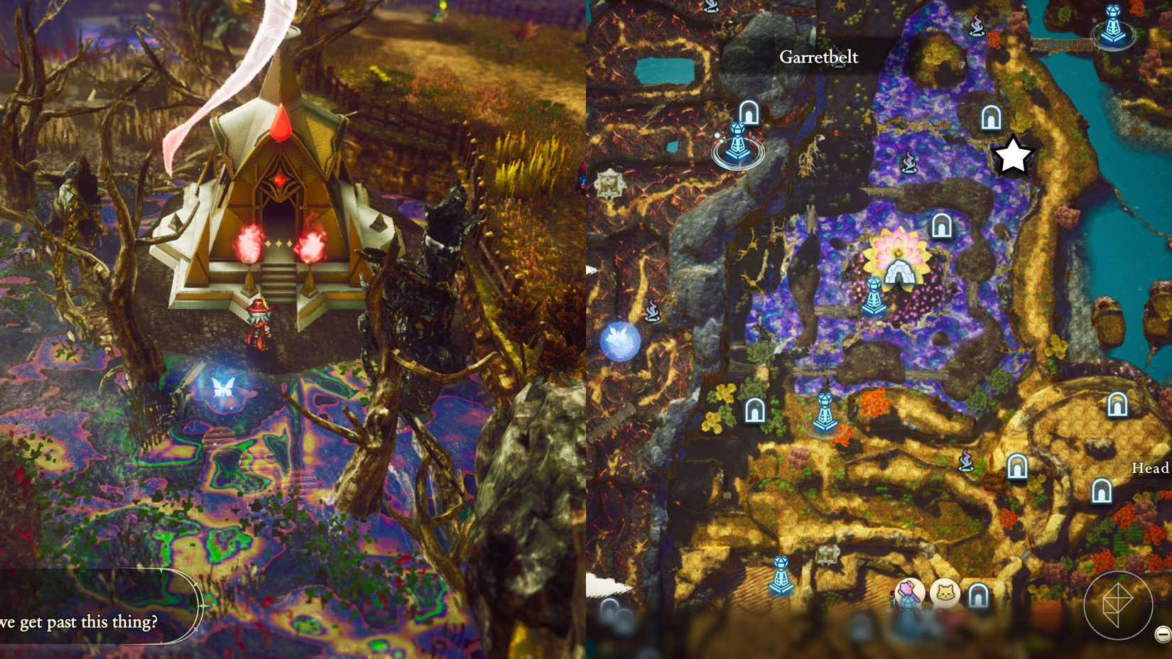 A montage of two The Adventures of Elliot screenshots showing the location of a shard of life in the Age of Magic 