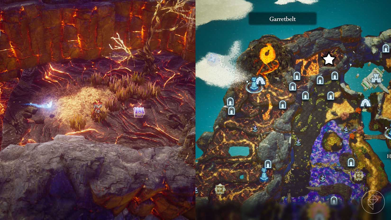 A montage of two The Adventures of Elliot screenshots showing the location of a shard of life in the Age of Magic 