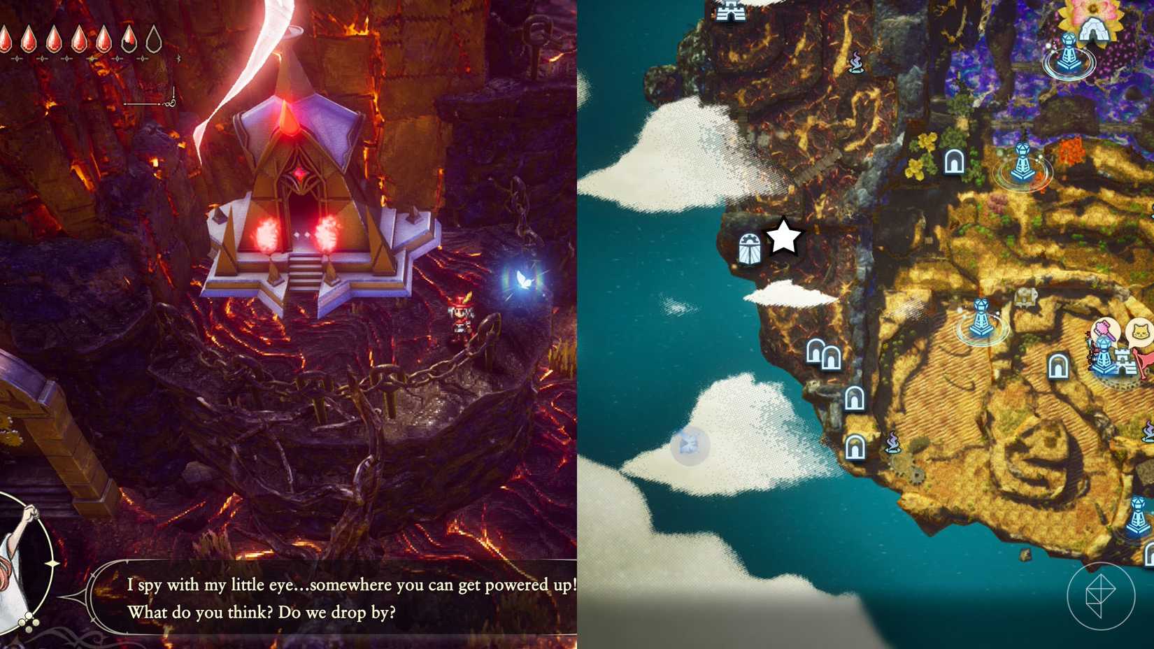 A montage of two The Adventures of Elliot screenshots showing the location of a shard of life in the Age of Magic