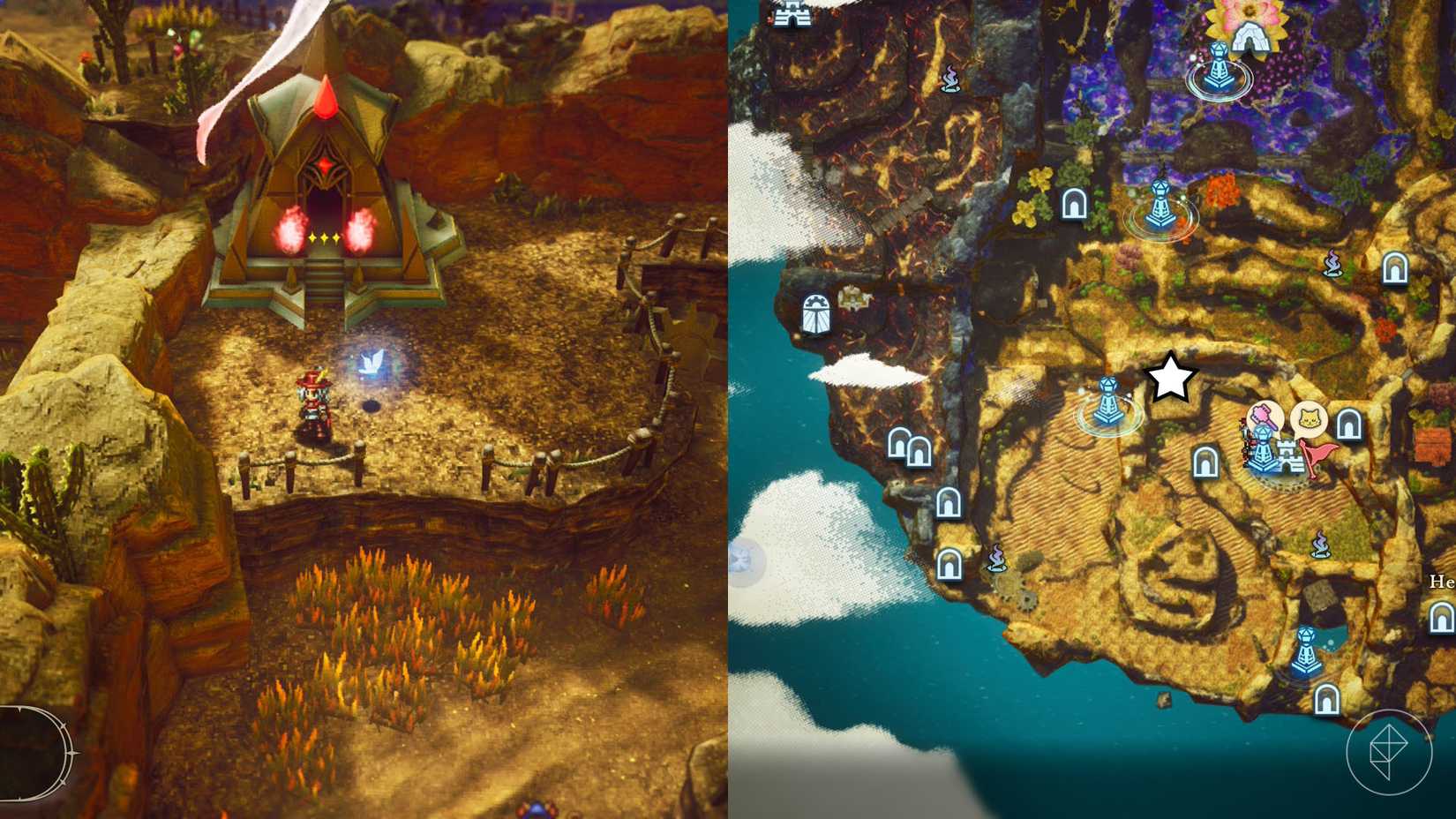 A montage of two The Adventures of Elliot screenshots showing the location of a shard of life in the Age of Magic 