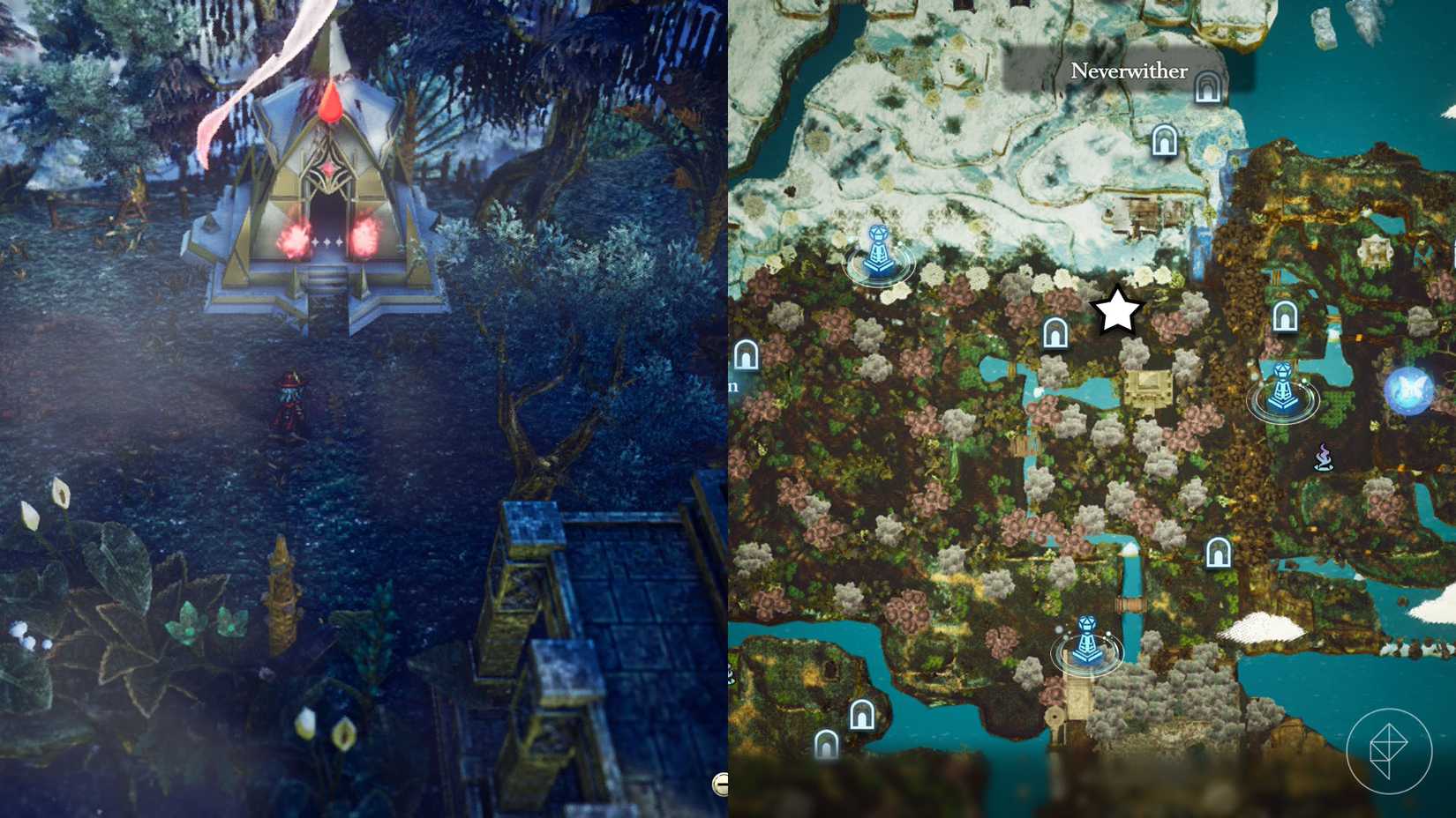 A montage of two The Adventures of Elliot screenshots showing the location of a shard of life in the Age of Reconstruction