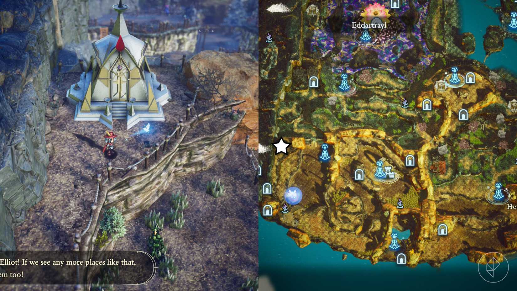A montage of two The Adventures of Elliot screenshots showing the location of a shard of life in the Age of Reconstruction 