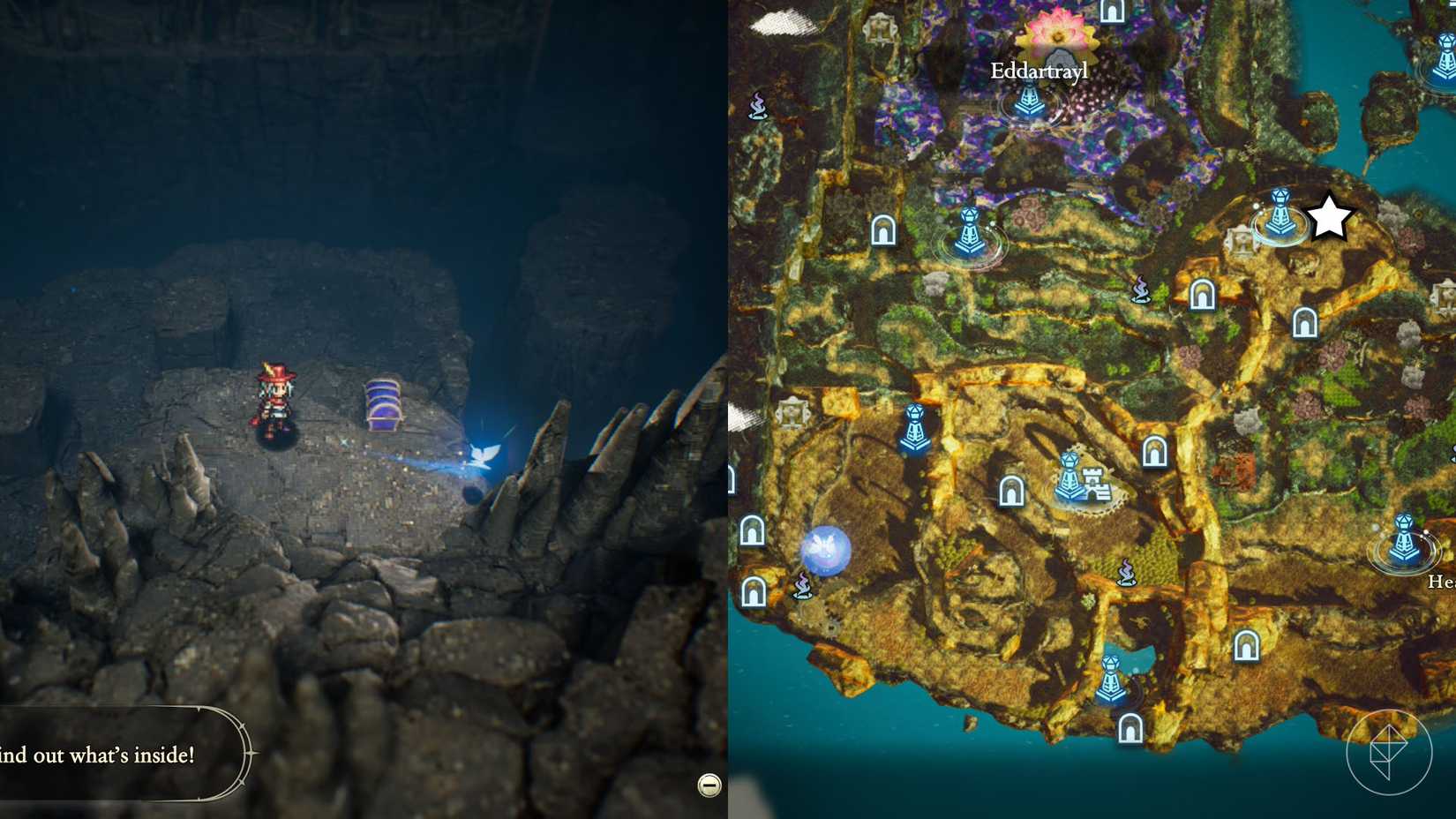 A montage of two The Adventures of Elliot screenshots showing the location of a shard of life in the Age of Reconstruction 