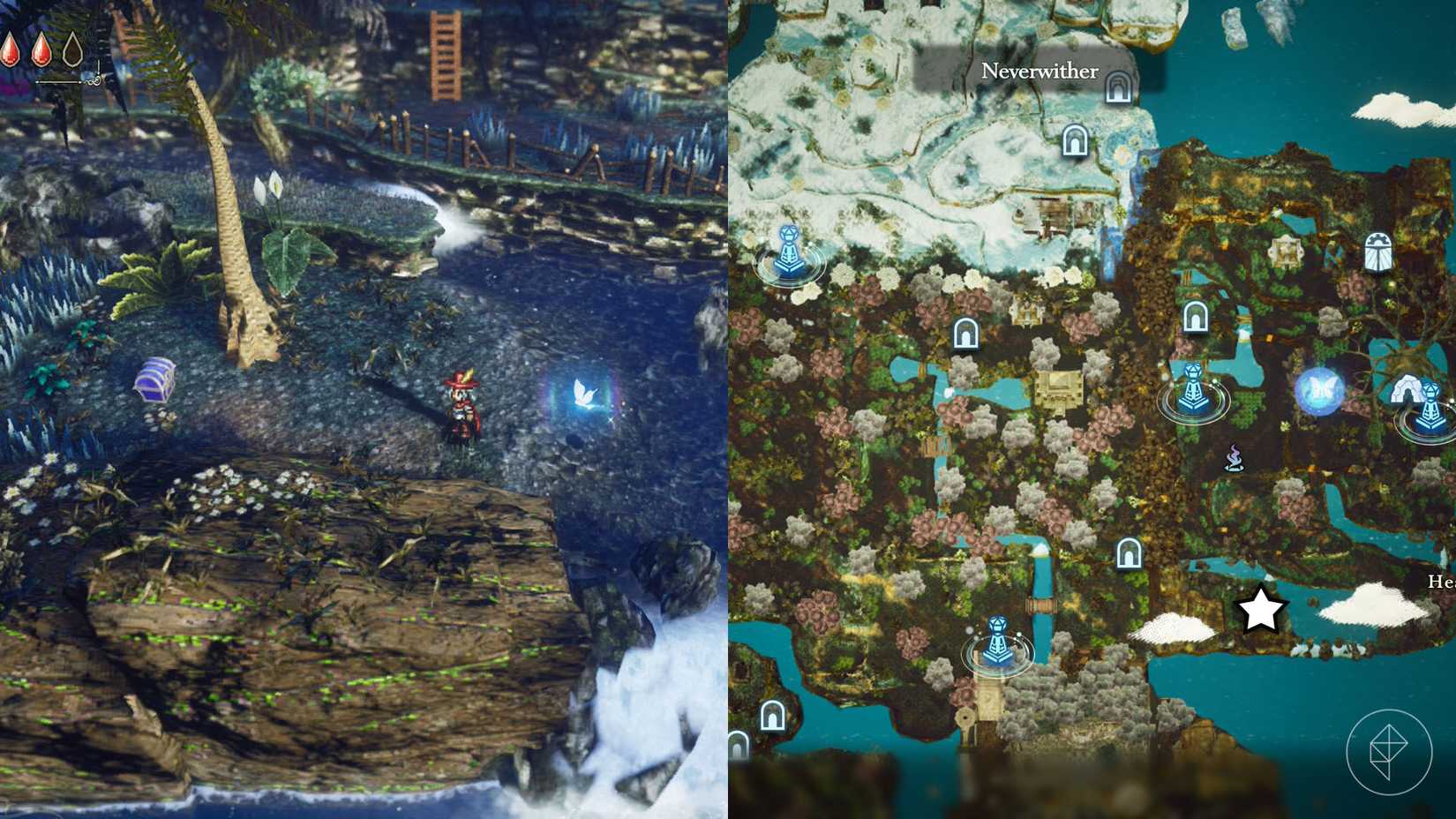 A montage of two The Adventures of Elliot screenshots showing the location of a shard of life in the Age of Reconstruction 