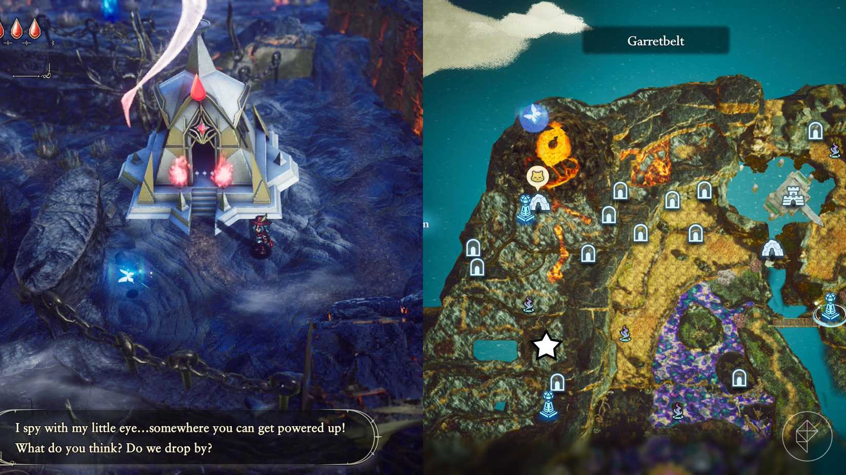 A montage of two The Adventures of Elliot screenshots showing the location of a shard of life in the Age of Reconstruction