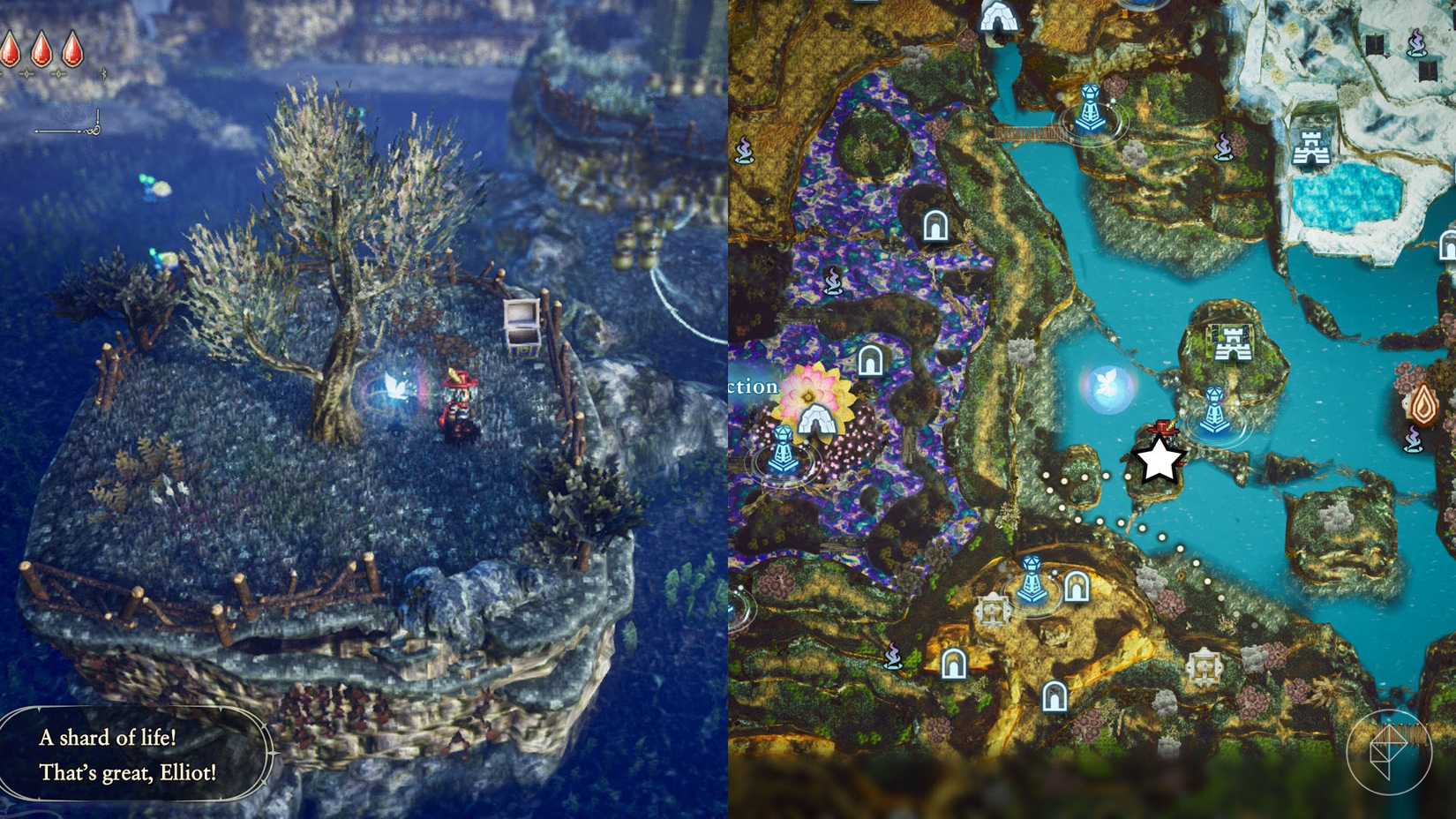 A montage of two The Adventures of Elliot screenshots showing the location of a shard of life in the Age of Reconstruction 