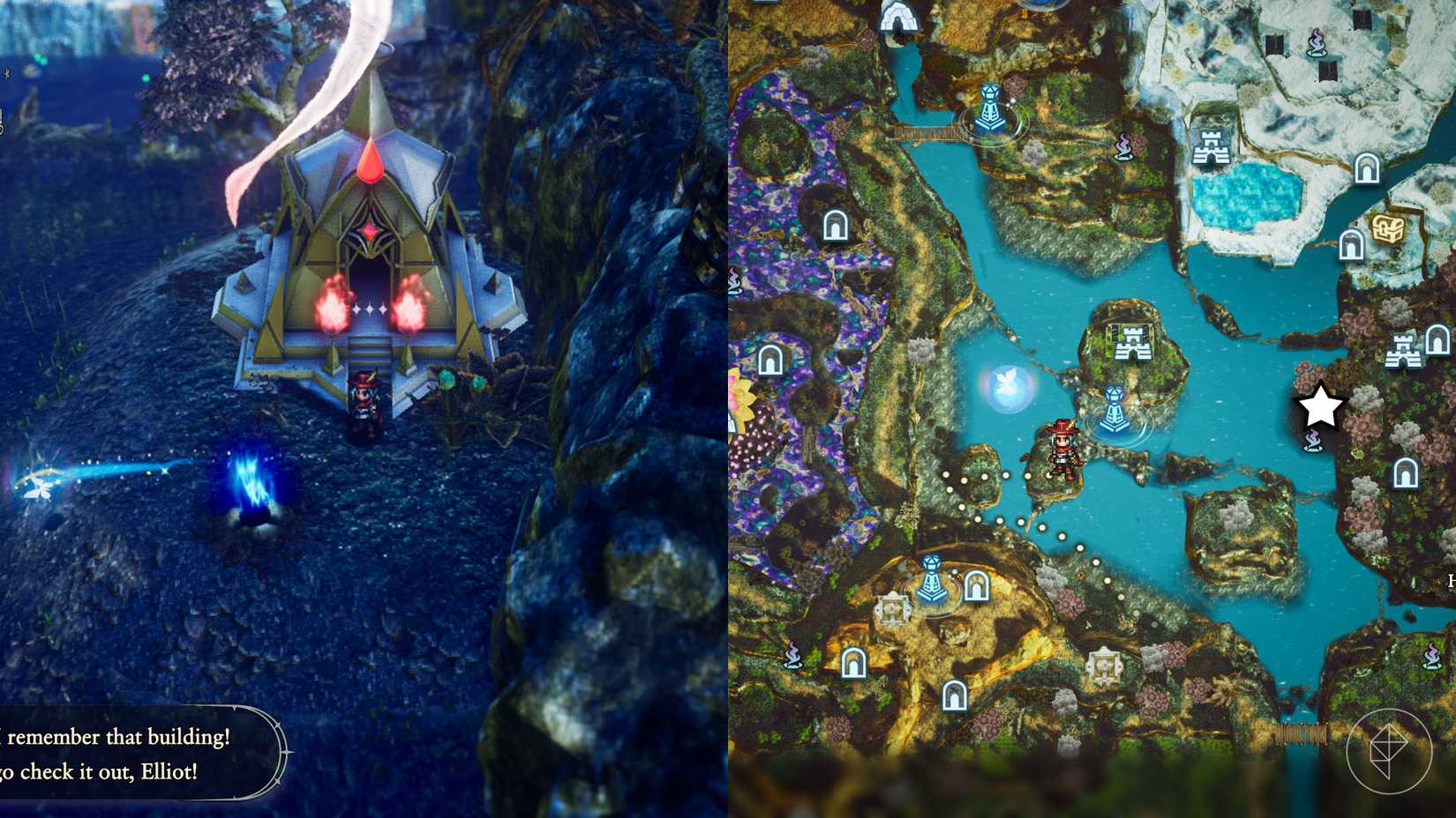 A montage of two The Adventures of Elliot screenshots showing the location of a shard of life in the Age of Reconstruction 