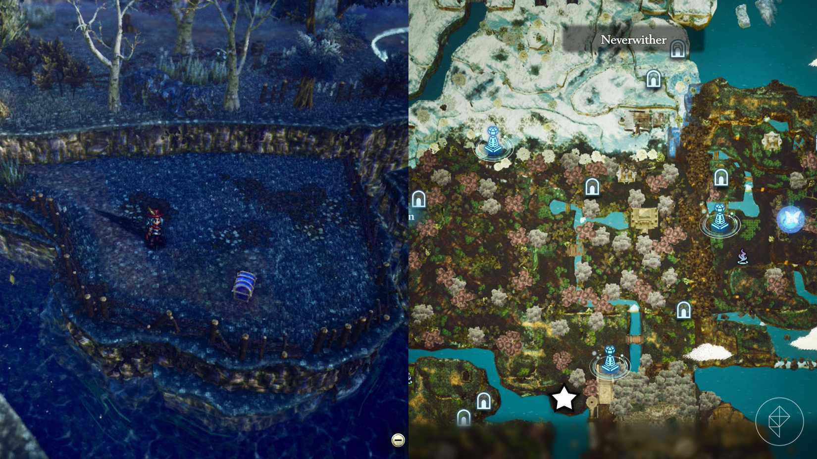 A montage of two The Adventures of Elliot screenshots showing the location of a shard of life in the Age of Reconstruction