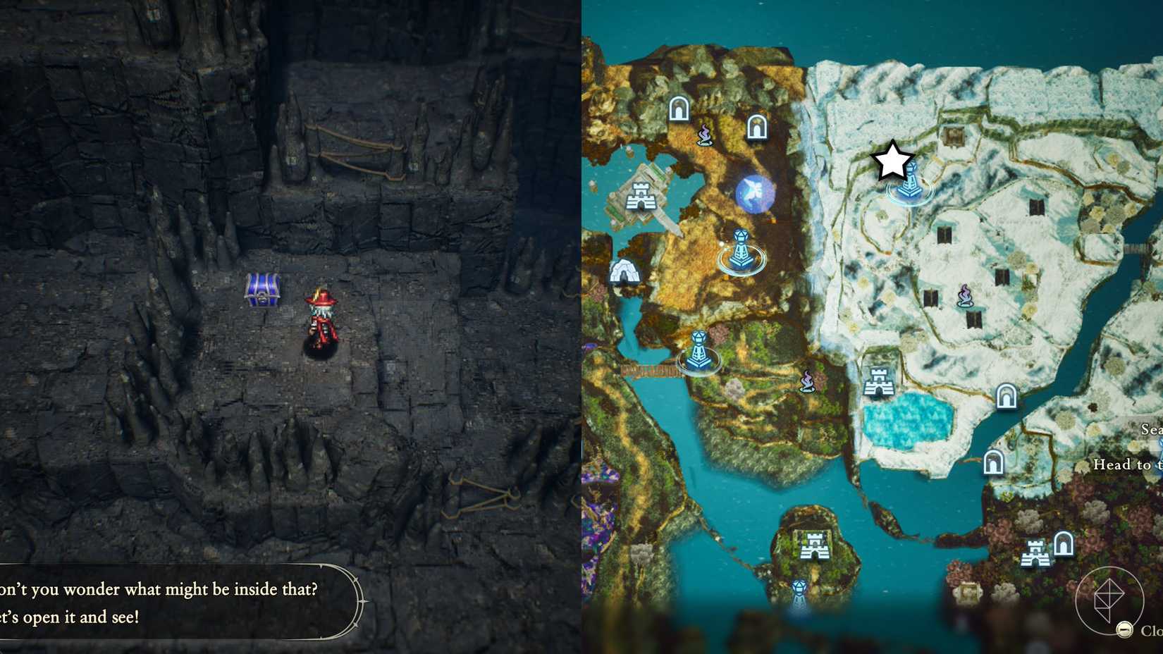 A montage of two The Adventures of Elliot screenshots showing the location of a shard of life in the Age of Reconstruction 