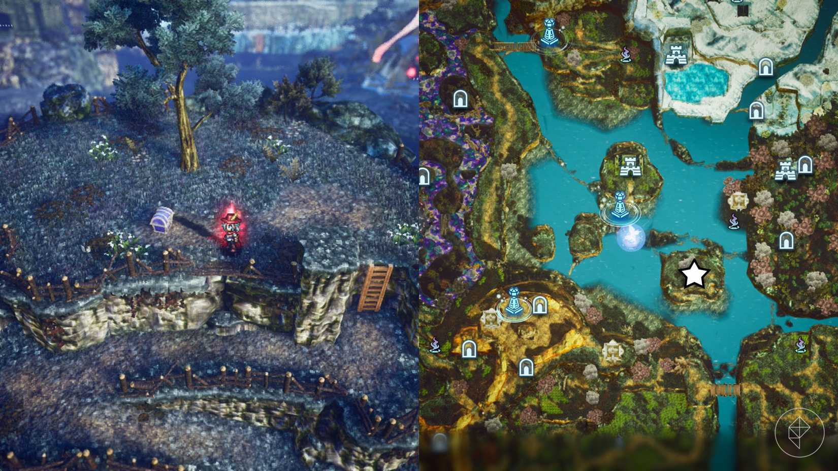 A montage of two The Adventures of Elliot screenshots showing the location of a shard of life in the Age of Reconstruction 
