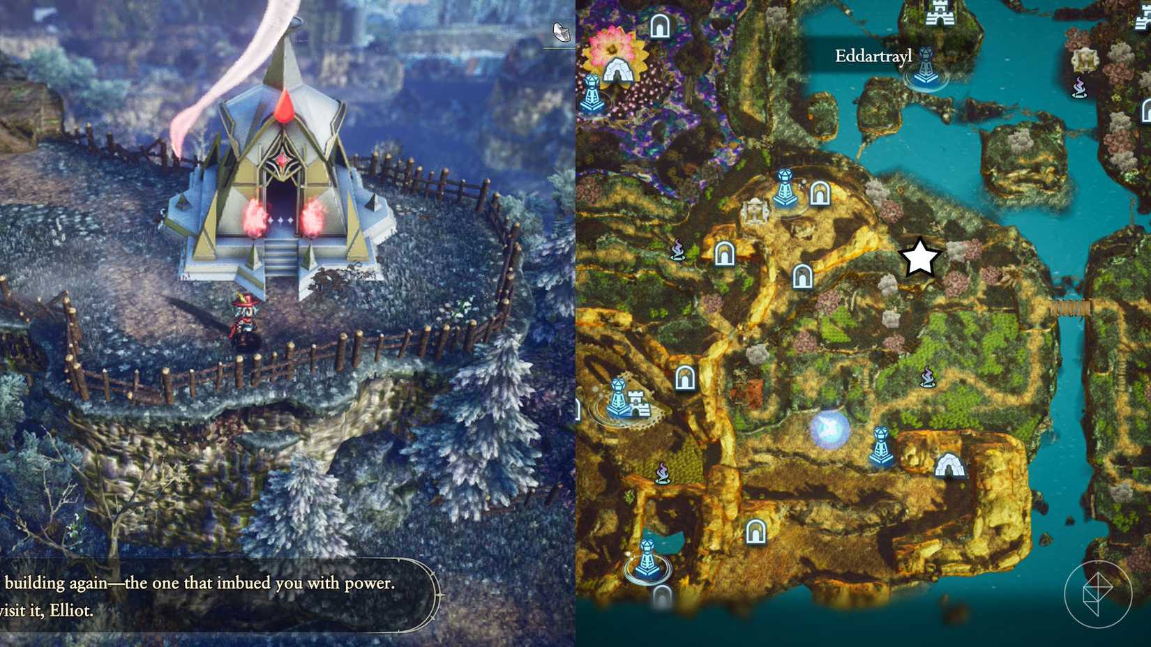 A montage of two The Adventures of Elliot screenshots showing the location of a shard of life in the Age of Reconstruction 
