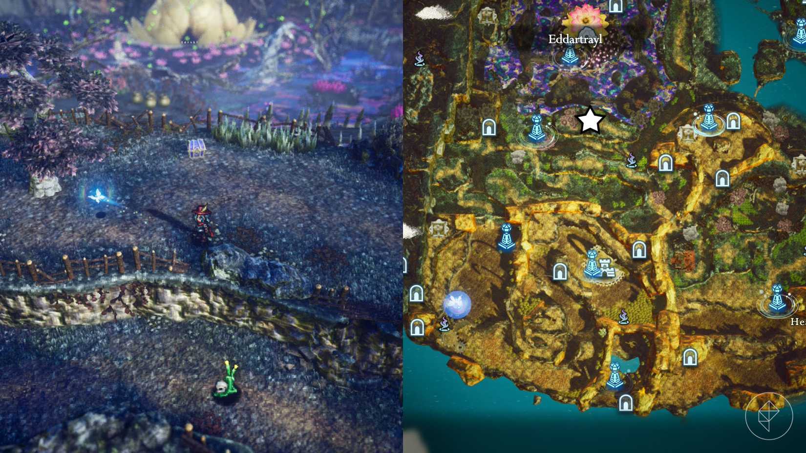 A montage of two The Adventures of Elliot screenshots showing the location of a shard of life in the Age of Reconstruction 