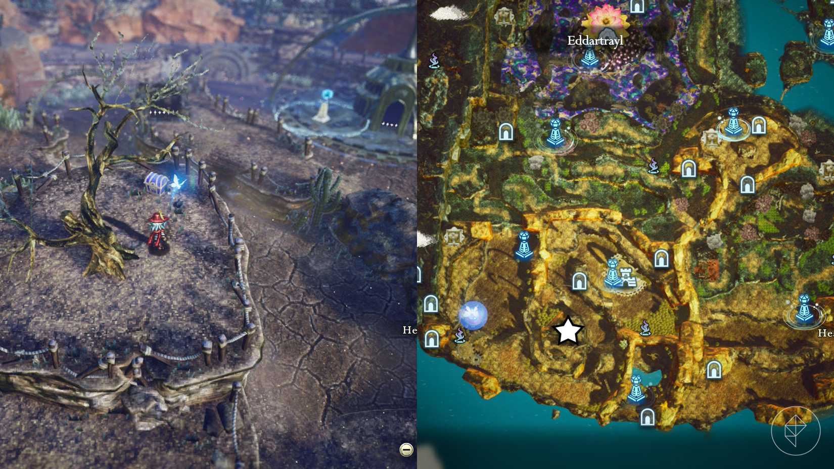 A montage of two The Adventures of Elliot screenshots showing the location of a shard of life in the Age of Reconstruction 