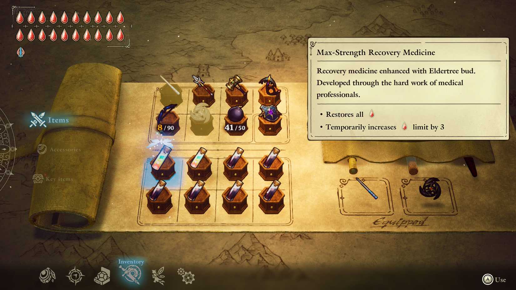 A The Adventures of Elliot screenshot showing the inventory with all eight glass vials