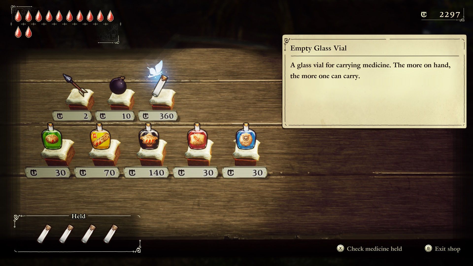 A shop menu display in The Adventures of Elliot
