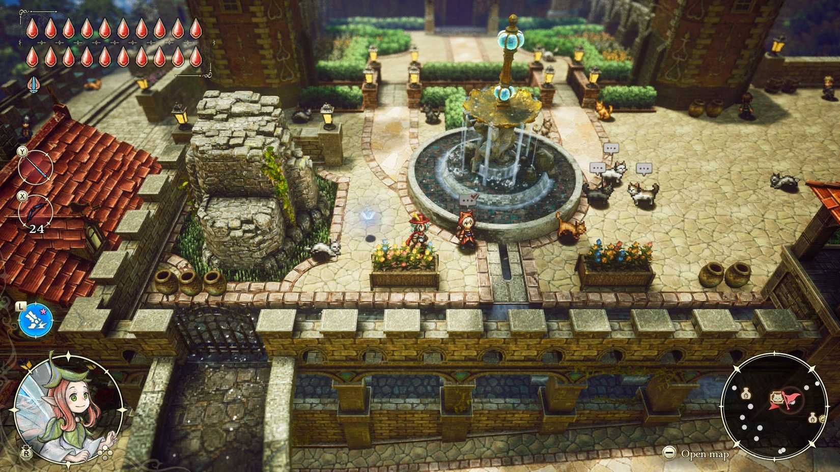 A The Adventures of Elliot screenshot showing the Kingdom of Huther and cats in the main square