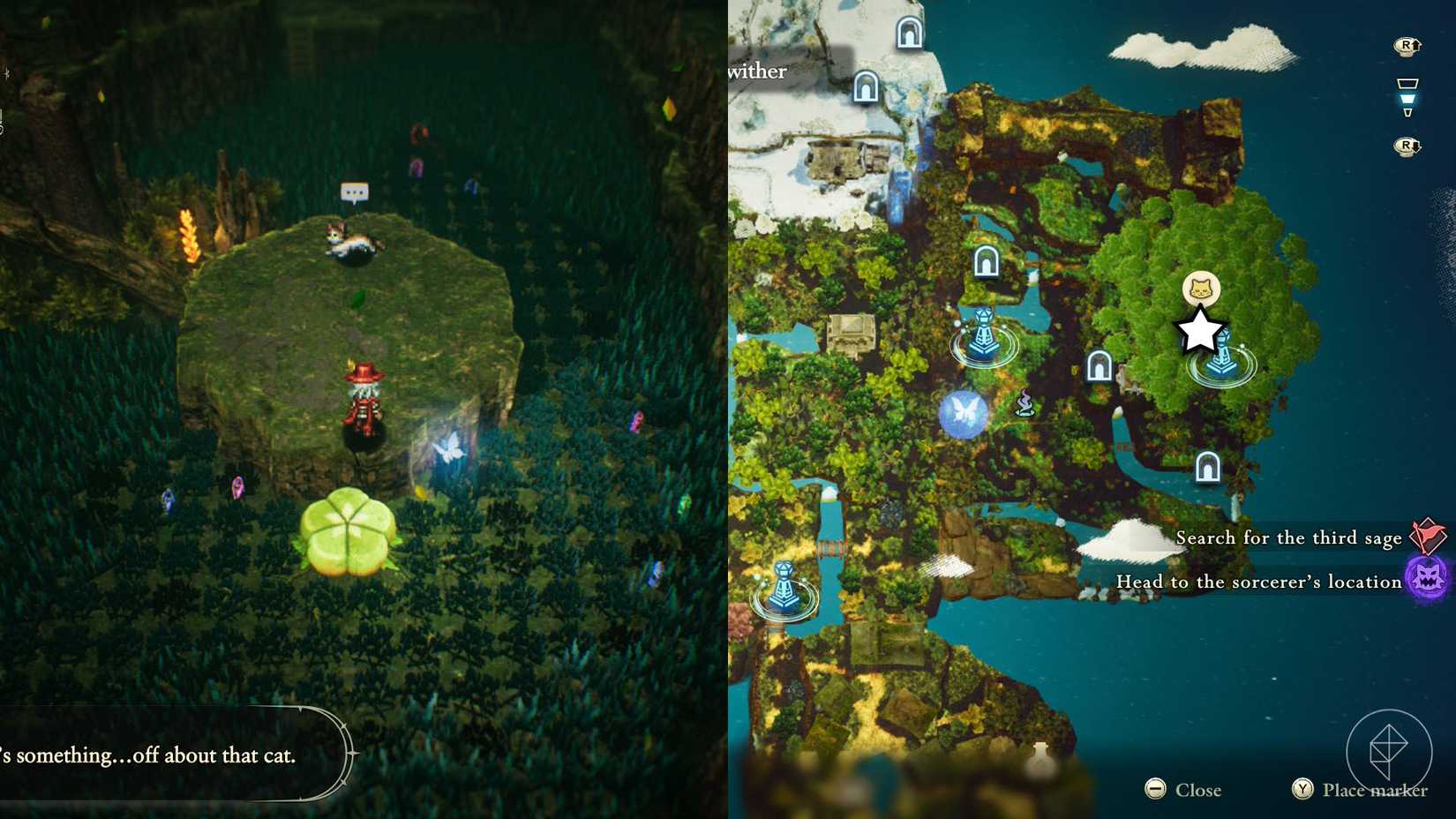 A montage of two The Adventures of Elliot screenshots showing the location of a myu sage