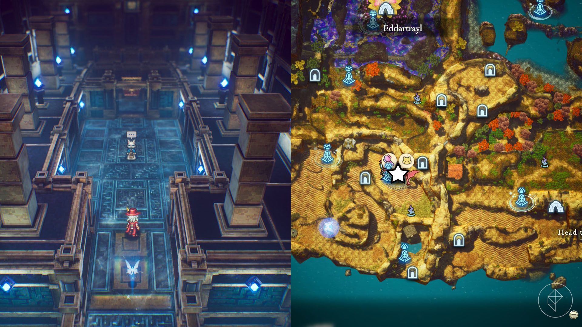 A montage of two The Adventures of Elliot screenshots showing the location of a myu sage