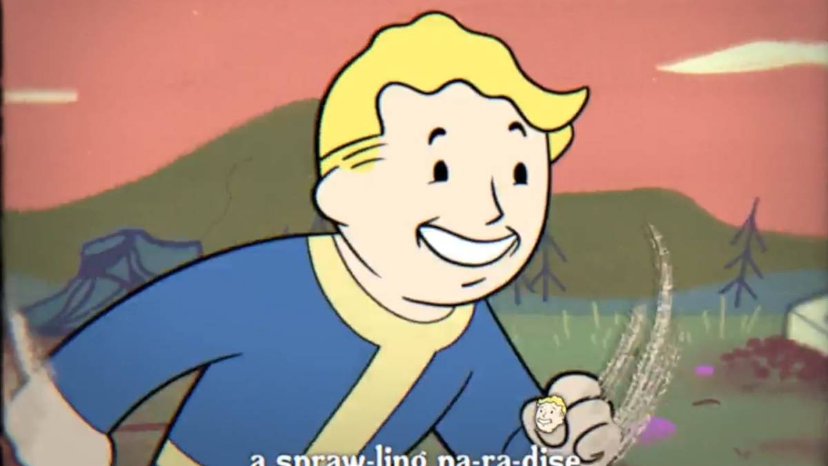 The Fallout mascot, Vault Boy, as he runs toward danger in Fallout 76.