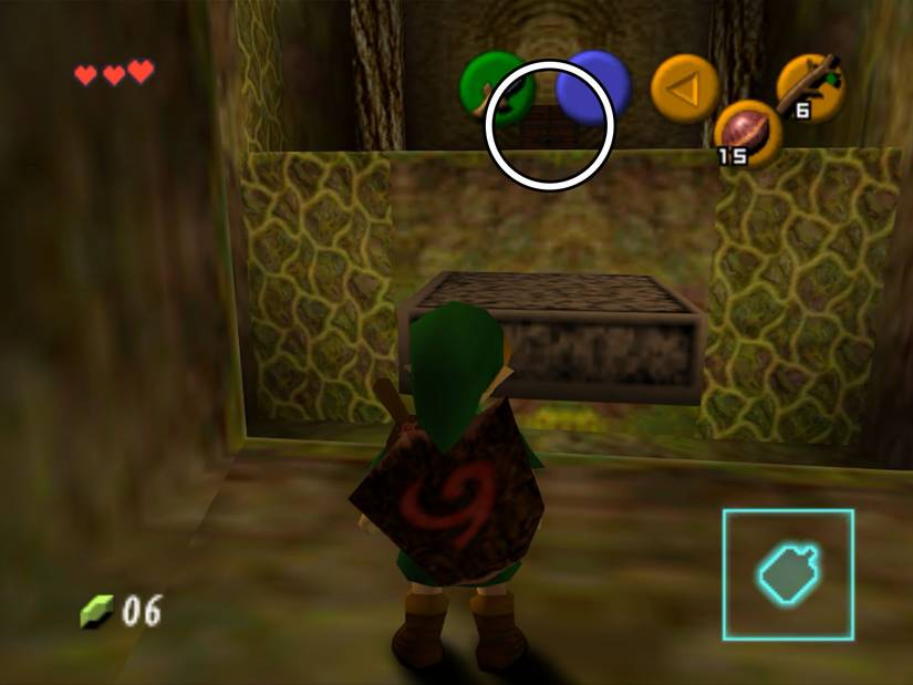 Link standing across from a floating platform and a chest in Ocarina of Time.