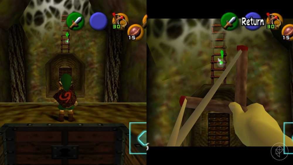 Link mirando uma escada em uma sala cheia de teias em Ocarina of Time.