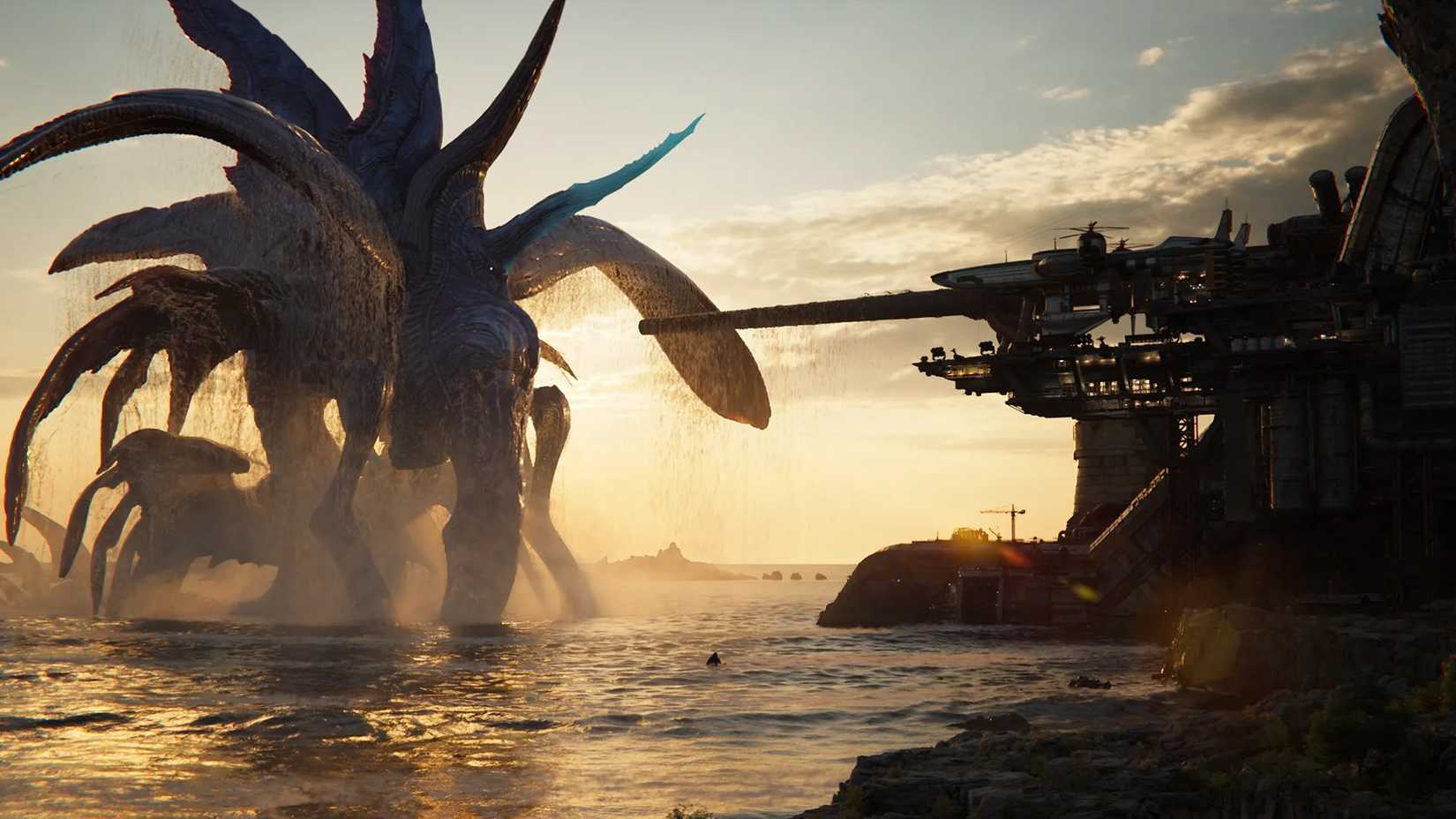 A kaiju emerges from water and scares a giant turret in Final Fantasy 7 Revelation