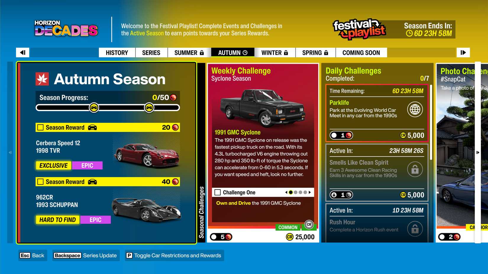 秋シーズンの報酬を示す Forza Horizo​​n 6 のスクリーンショット "数十年の地平線" プレイリスト