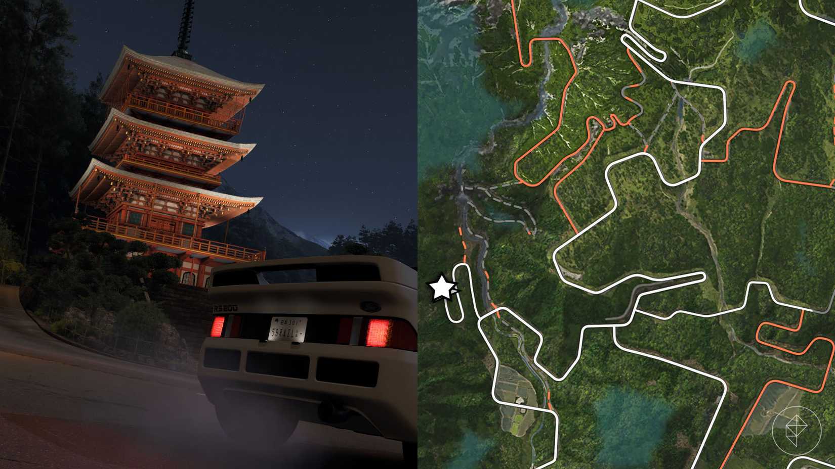 Un montaggio con due immagini di Forza Horizon 6 che mostrano la posizione del Tempio di Nachi Falls