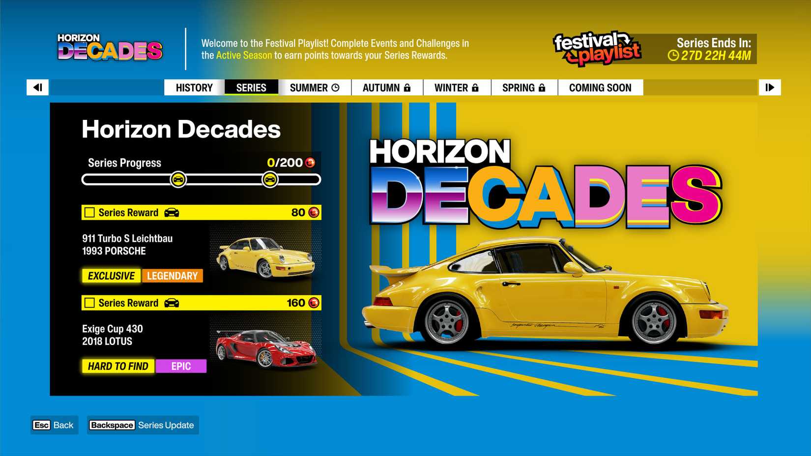 A Forza Horizon 6 screenshot showing the Horizon Decades series progress screen