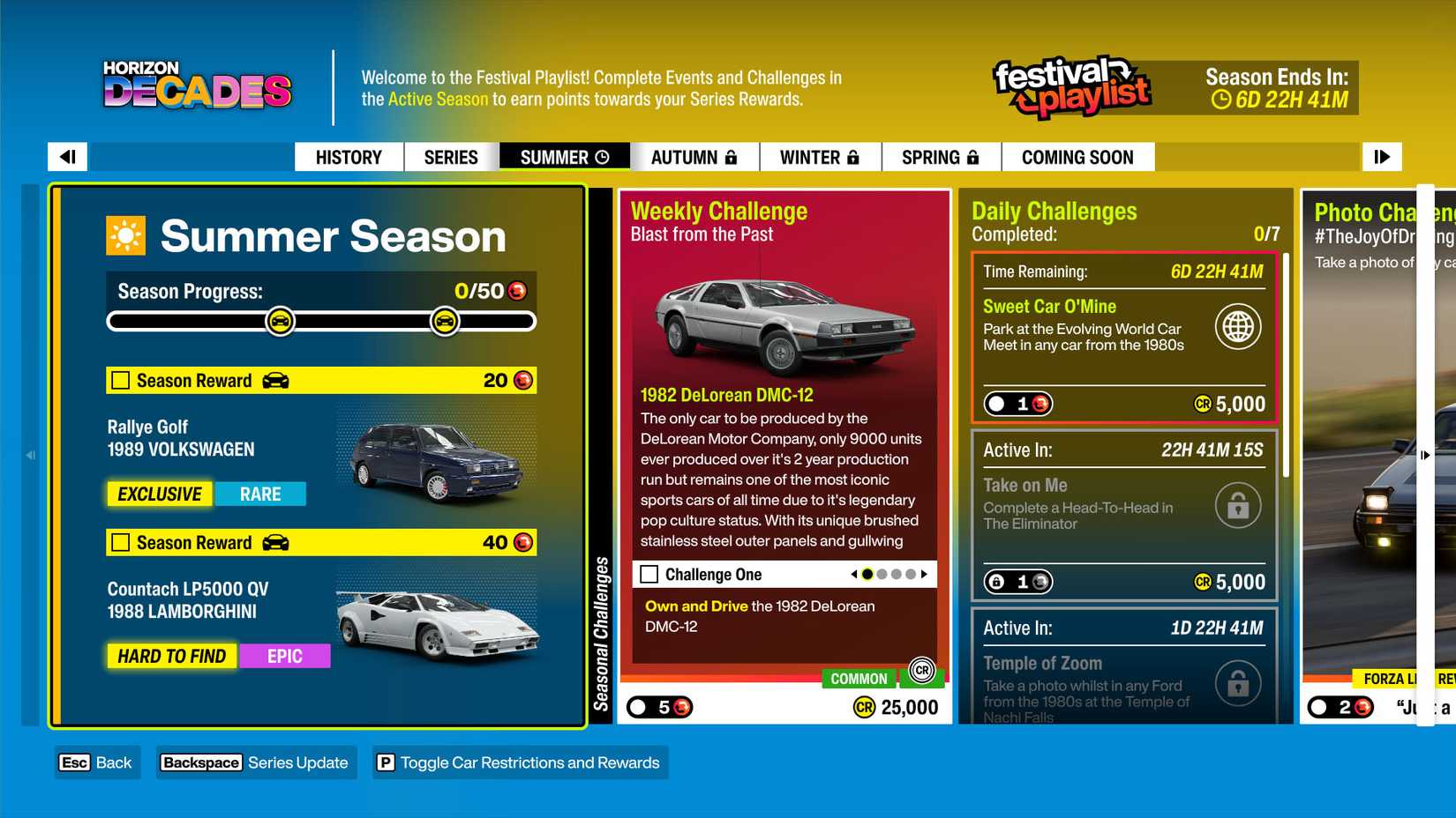 A Forza Horizon 6 screenshot showing the Horizon Decades playlist summer challenges