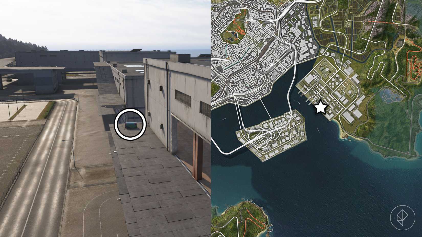 A montage with two Forza Horizon 6 pictures showing the location of the Spring treasure hunt box