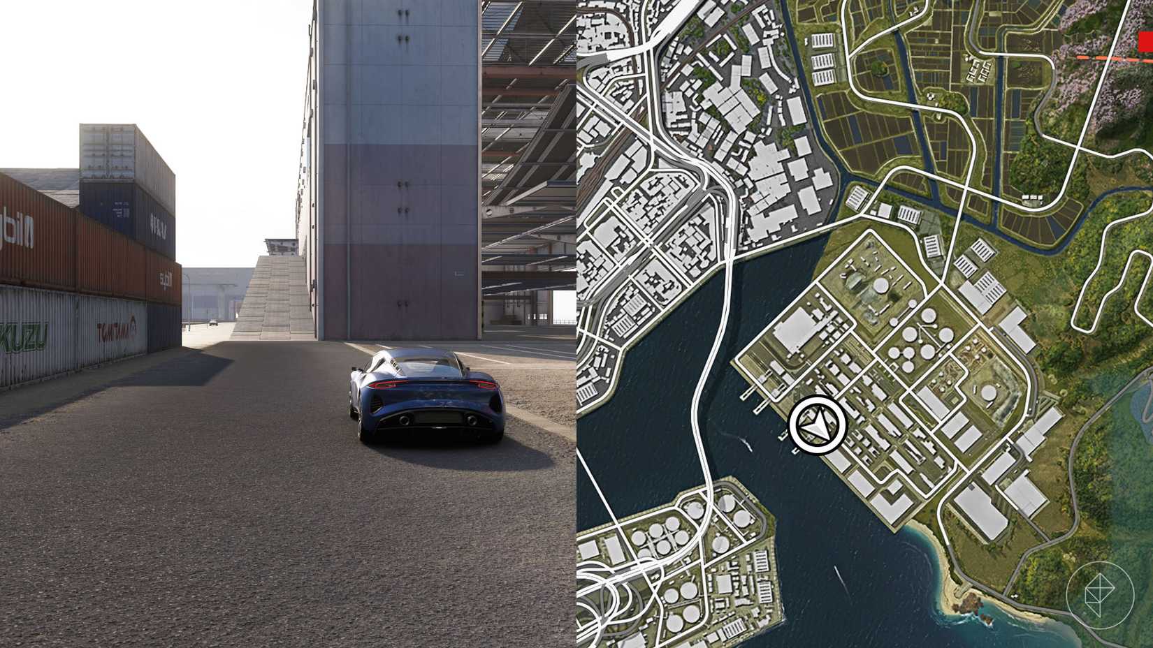 A montage with two Forza Horizon 6 pictures showing the location of the ramp you need to use to access the treasure hunt box