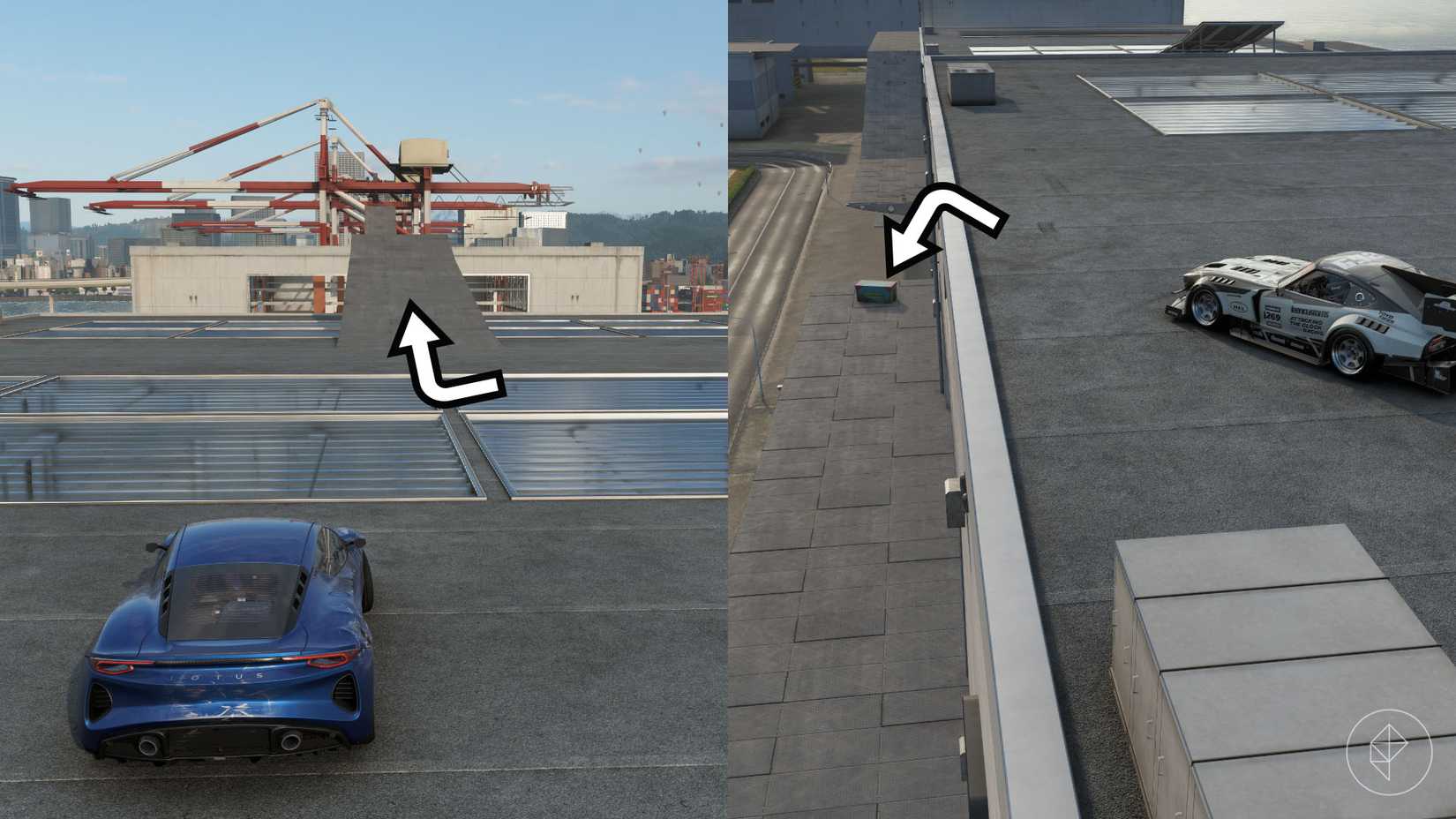 A montage with two Forza Horizon 6 pictures showing the location of the treasure hunt box