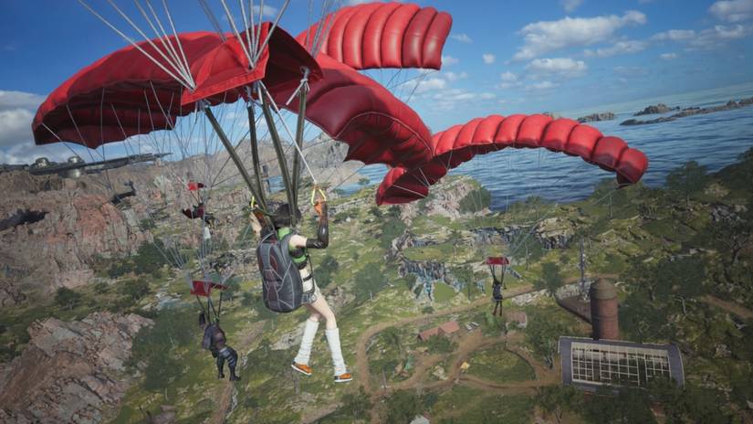 Characters parachute through the sky in Final Fantasy 7 Revelation.