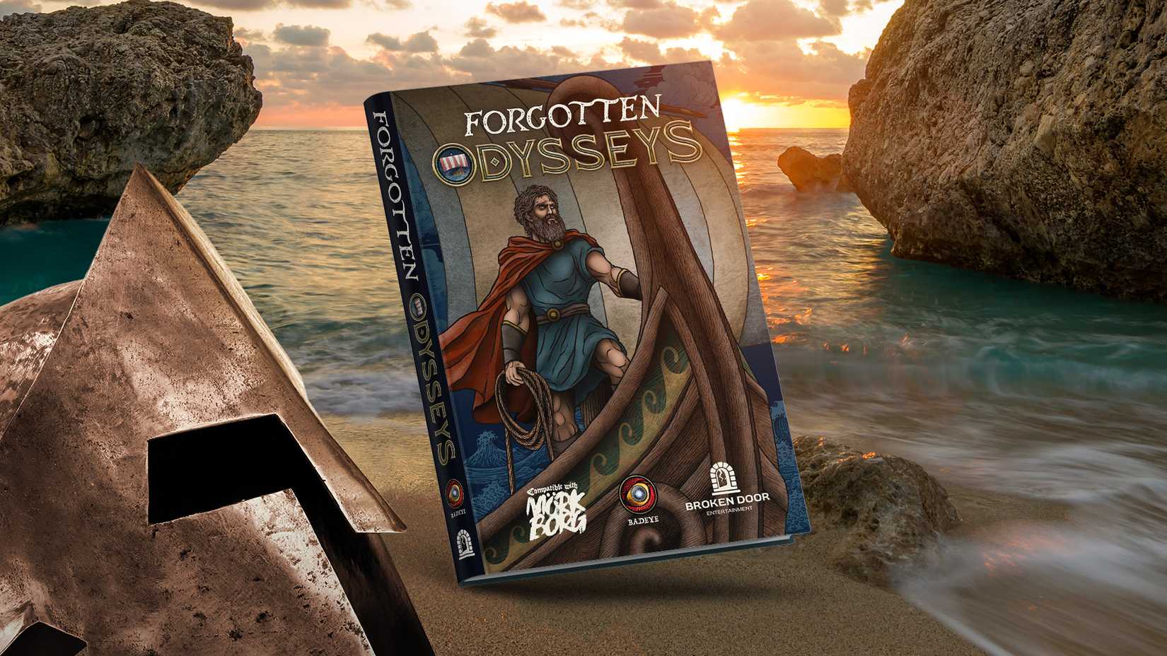 The cover of Forgotten Odysseys shown on a beach next to a Corinthian helmet.