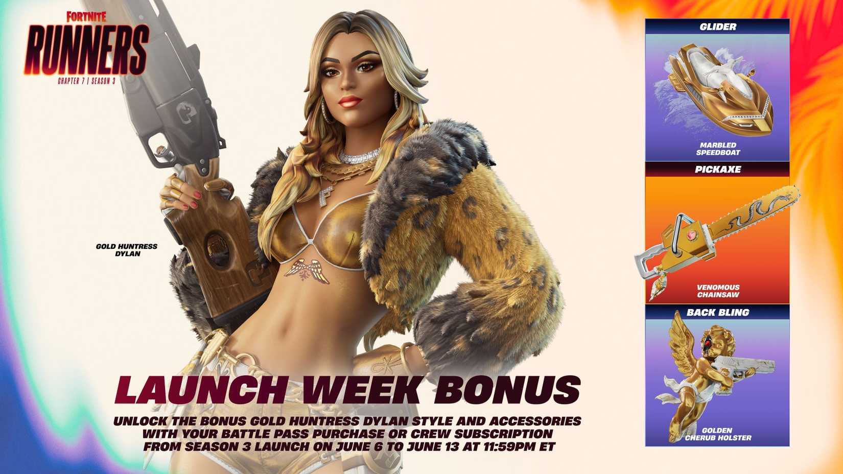 The Dylan skin obtained by purchasing the Fortnite battle pass during its launch week, along with three accessories.