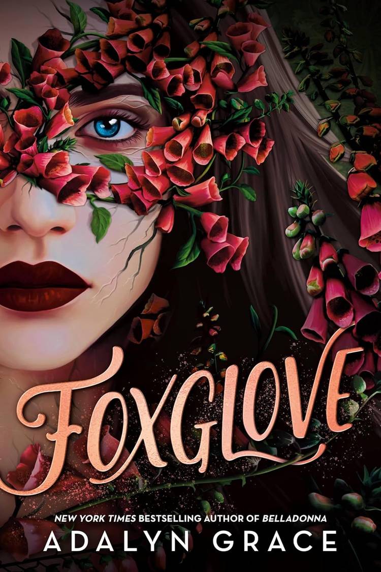 A woman with her eyes lined with red flowers on the cover of Foxglove
